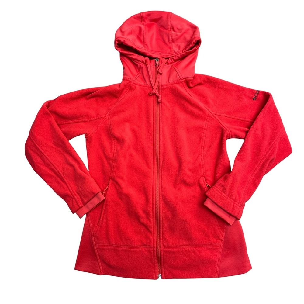 Columbia Jacket Womens Medium Red‎ Fleece Full Zip Hooded Stretch Hiking Outdoor